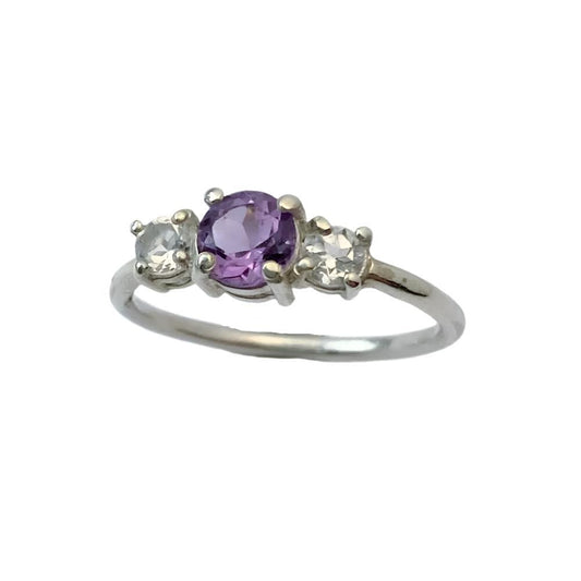 Pink Amethyst and White Topaz triple stone ring