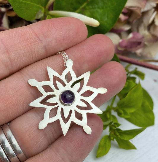 Amethyst and Silver Flower Necklace
