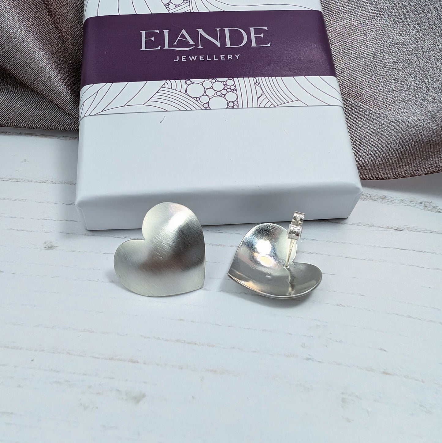 Brushed Silver Heart Stud Earrings