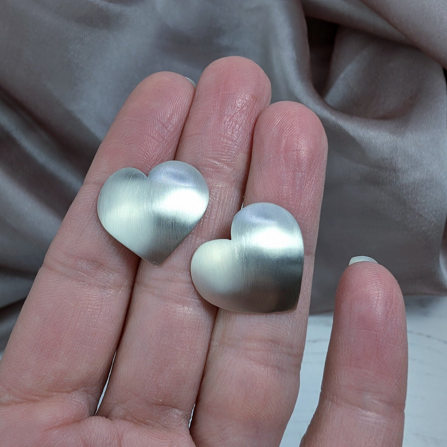 Brushed Silver Heart Stud Earrings