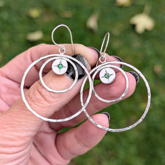 Star set double hoop drop earrings