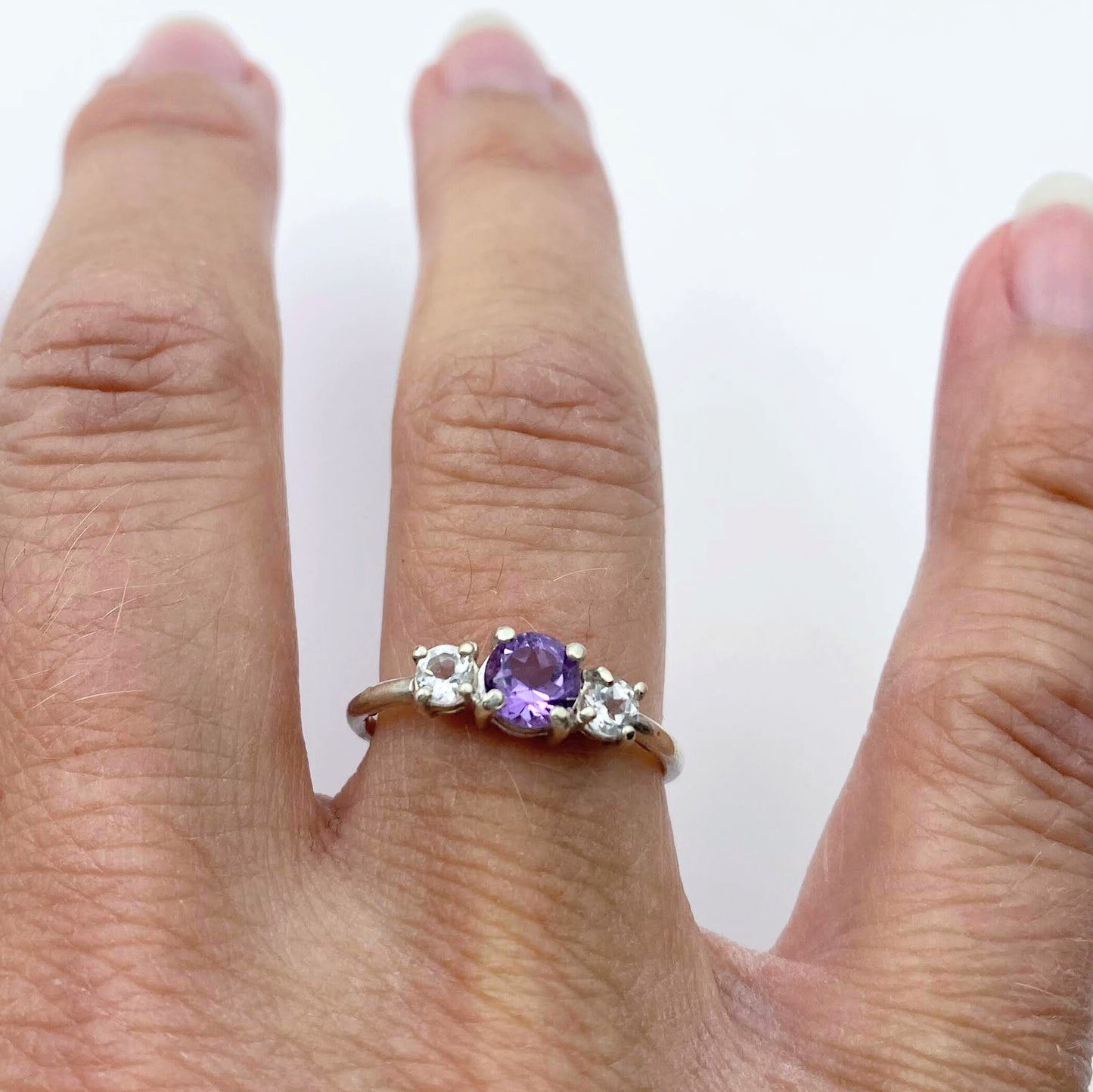 Pink Amethyst and White Topaz triple stone ring