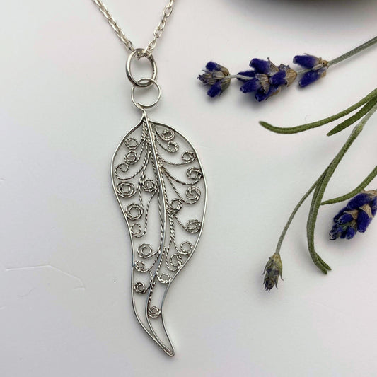 Silver filigree leaf pendant